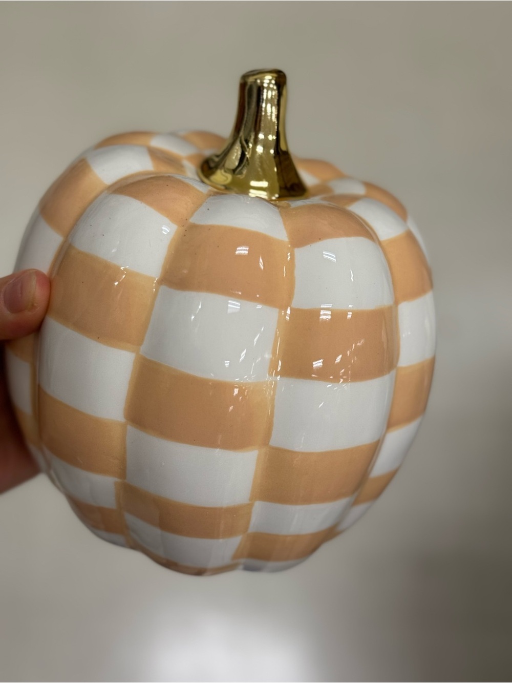 Peach & White Check Ceramic Pumpkin with Gold Stem - Home Art